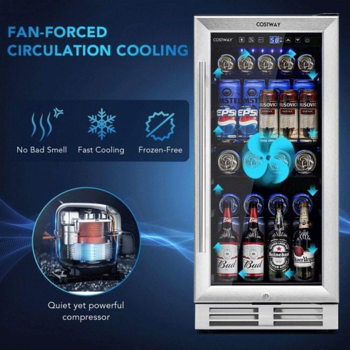 Costway beverage cooler with fan-forced circulation cooling system on a dark blue background