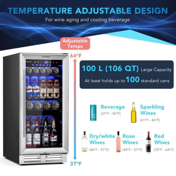 Temperature adjustable wine and beverage cooler with product details on a white background