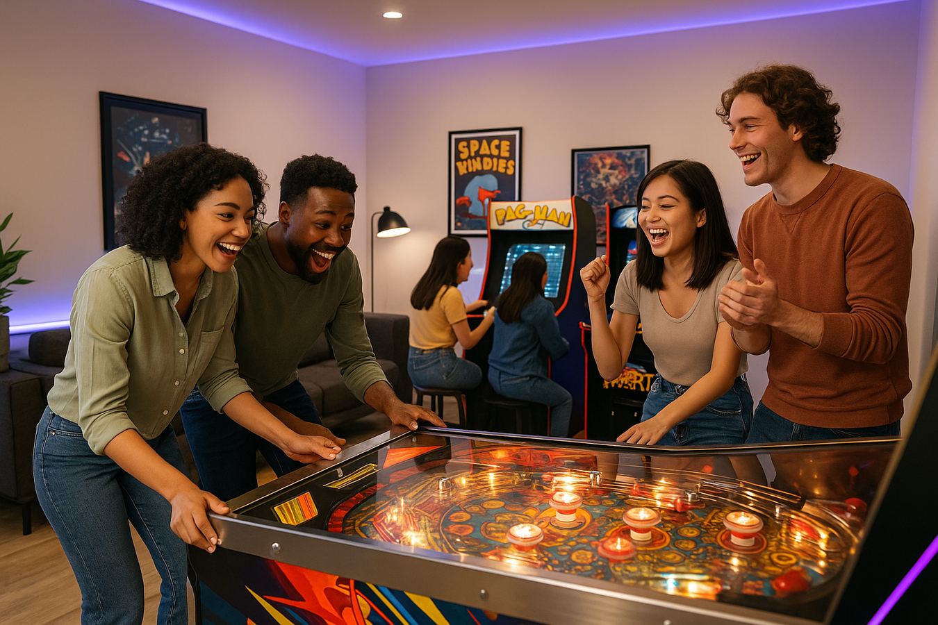 Create an image of a premium game room with a small diverse group of friends playing pinball and/or stand up arcade games.  Please give the room light-colored walls, modern finishes, and appropriate game room decor.  Feature priority should be visibility to games with friends having a great time