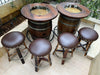 Wooden barrel stools with metal legs and brown leather seats on a patio.