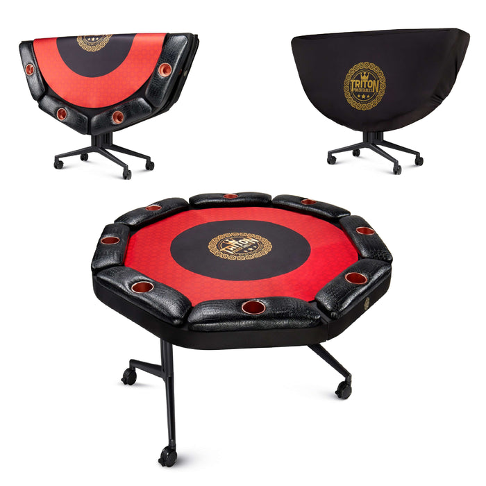 Black and red poker table with chairs featuring a Triton logo on a white background