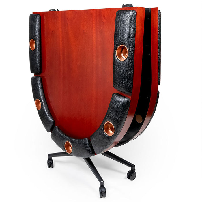 Red and black chair with metallic accents on a white background