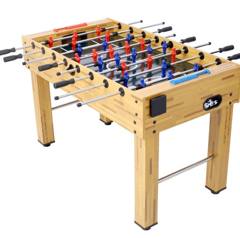 Foosball table with wooden surface and metal rods on a white background