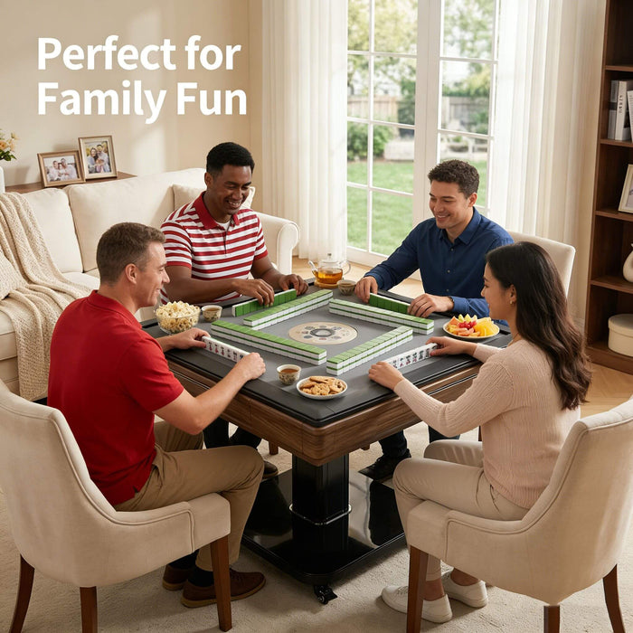 Four people playing a board game together in a cozy living room.