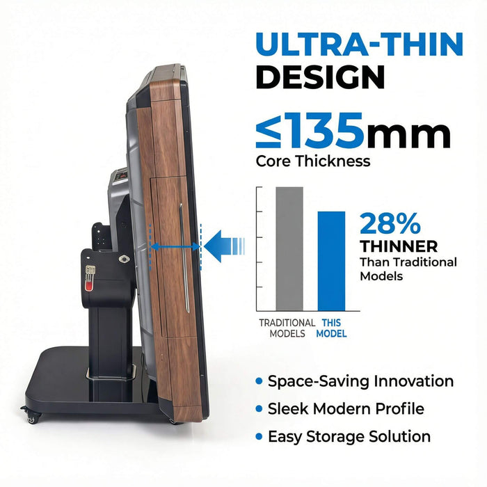 Product with ultra-thin design feature highlighted, showing core thickness and comparison to traditional models.