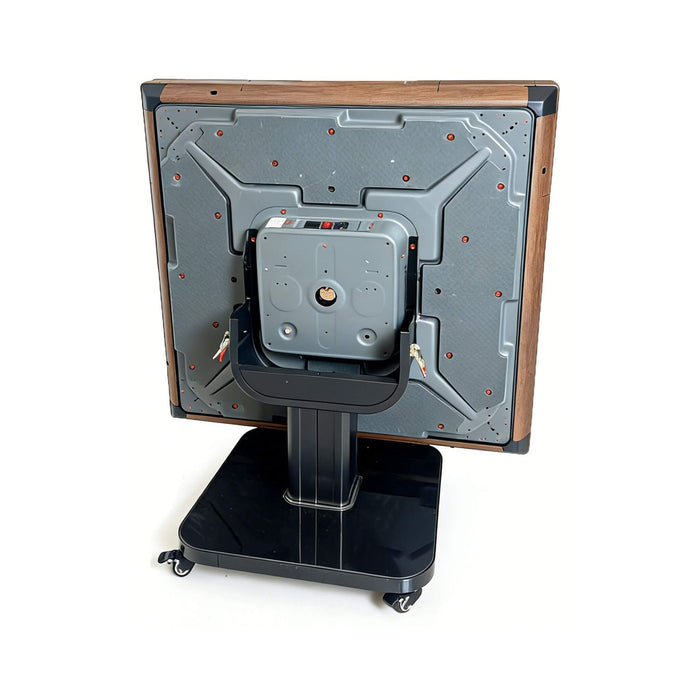 Gray electronic device on a stand with wooden border