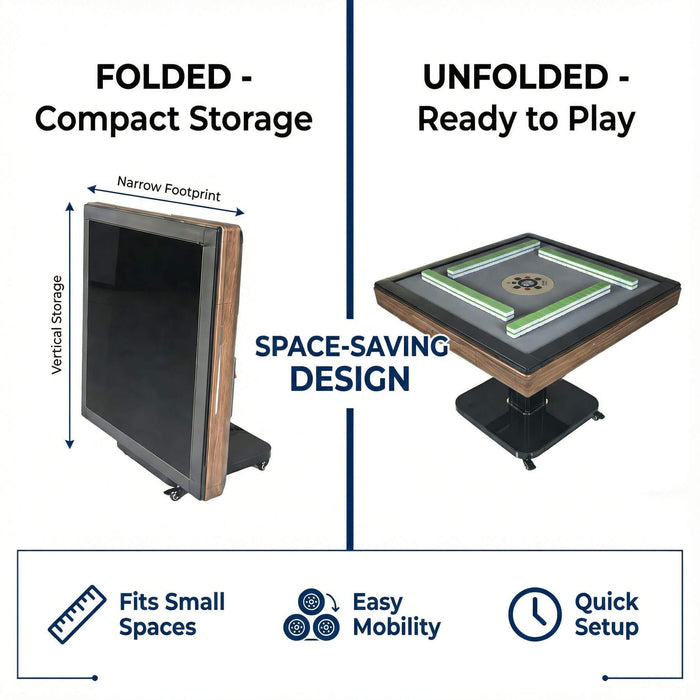 Space-saving table design showing compact storage and ready-to-play configuration with text and icons.