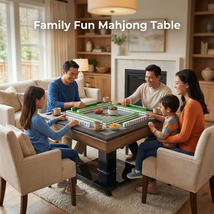 Family playing mahjong together on a wooden table in a cozy living room.