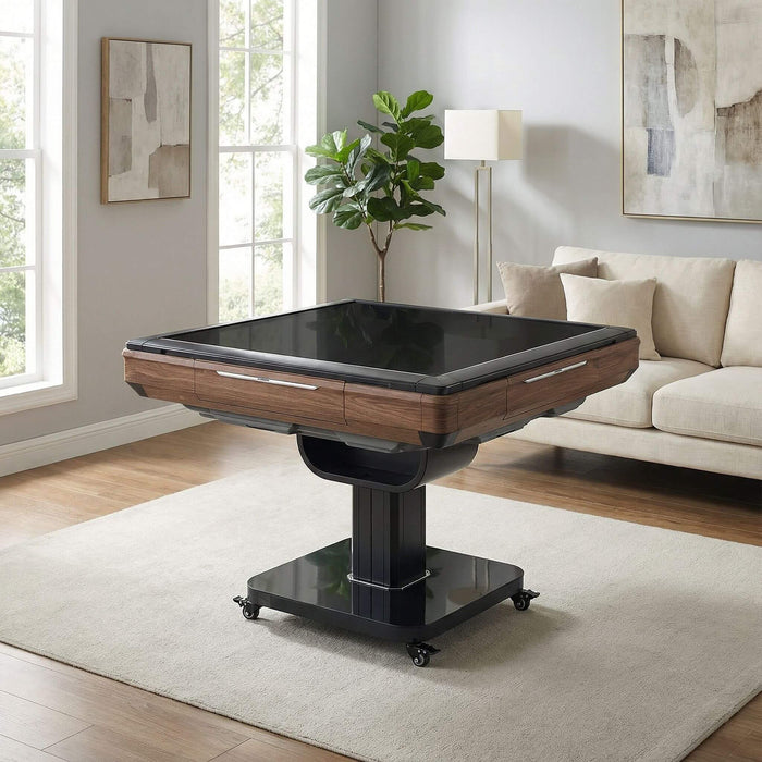 Black and wood grain gaming table in a living room setting with a couch and lamp.