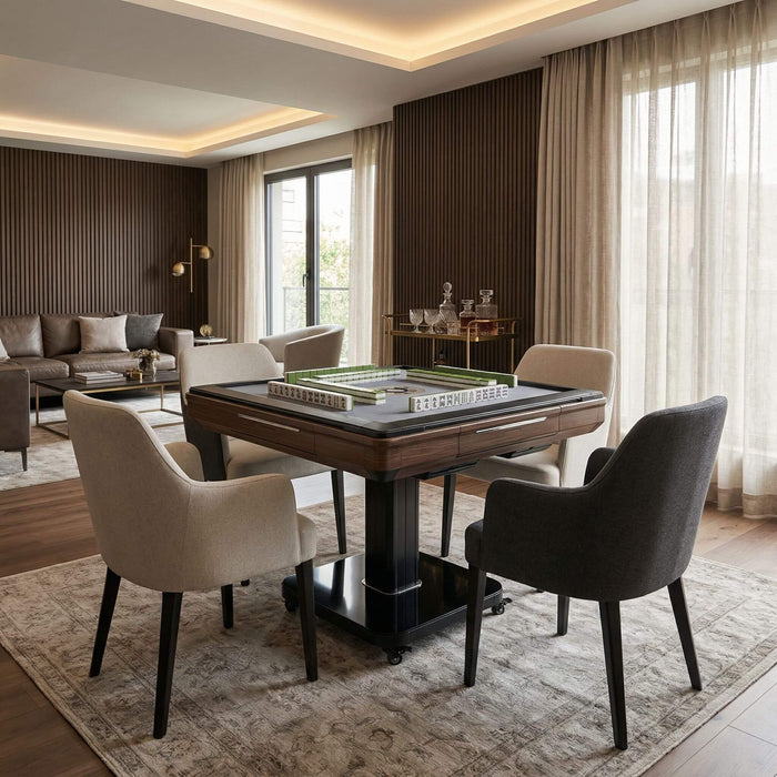 Modern living room with a gaming table and chairs