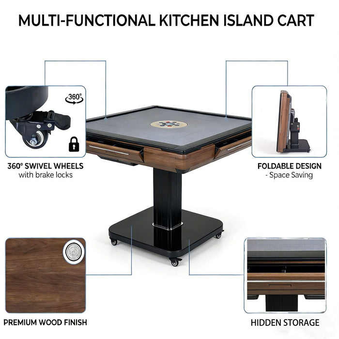 Multi-functional kitchen island cart with features highlighted on a white background