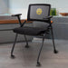 Black office chair with a logo on the backrest in an indoor setting