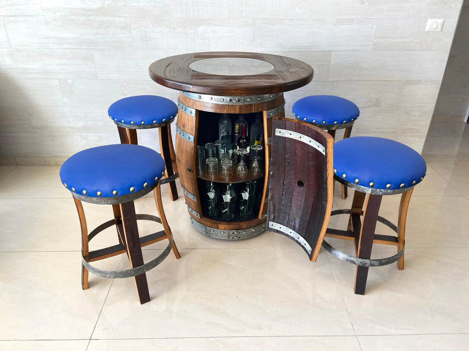 Bar set made from a repurposed wine barrel with four blue stools.