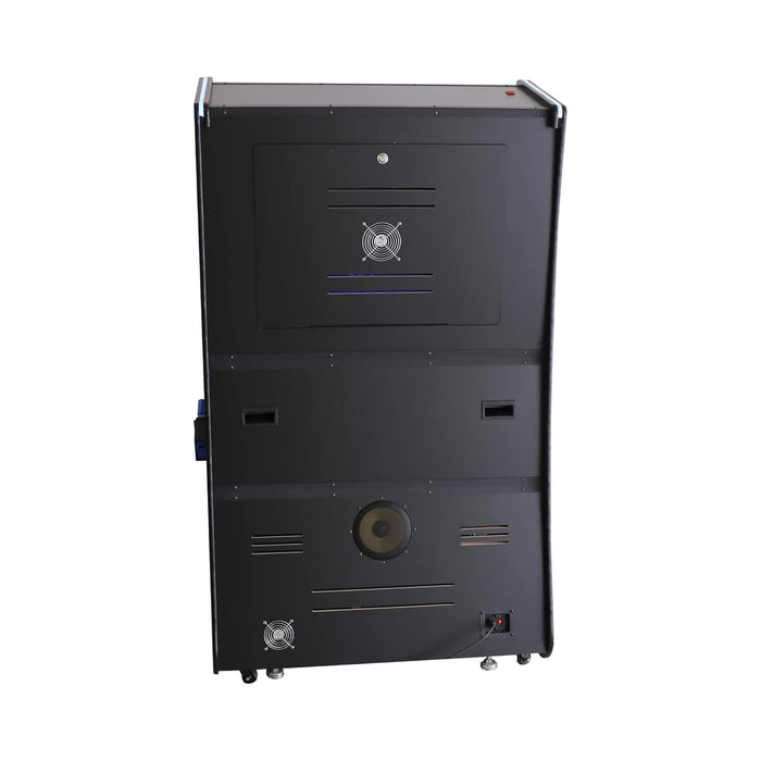 Black industrial cabinet with multiple ventilation grilles on a white background