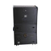 Black industrial cabinet with multiple ventilation grilles on a white background
