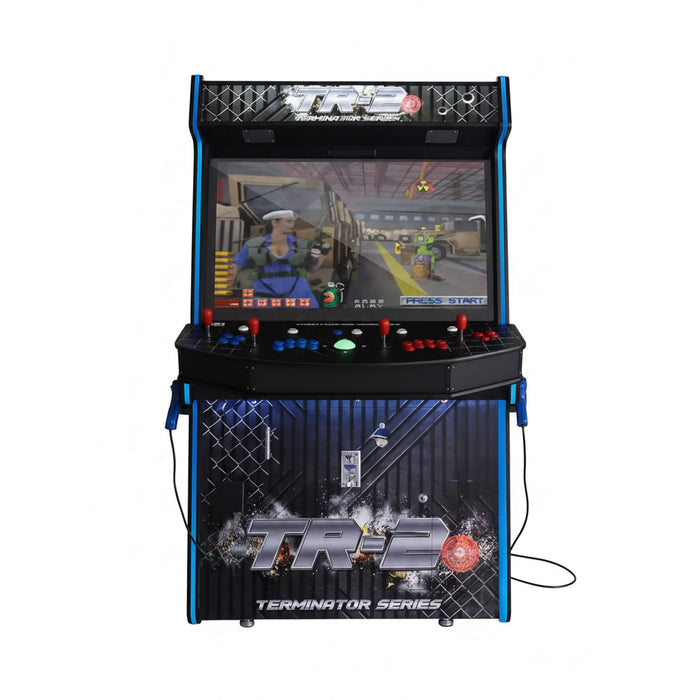 Arcade machine with 'TR-2' and 'Terminator Series' branding on a white background