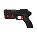 Black toy gun with red accents on a white background