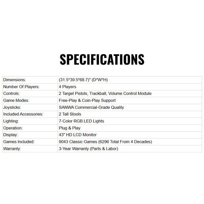 Specifications table for a gaming console on a white background