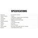 Specifications table for a gaming console on a white background
