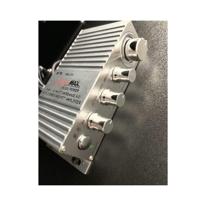Silver amplifier with brand logo on a white background