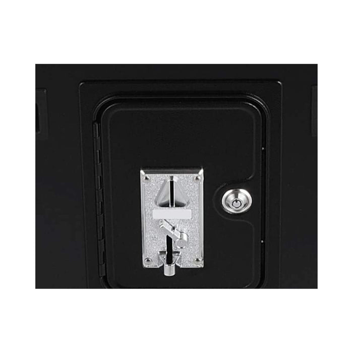 Black metal safe with a lock mechanism on a white background
