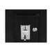 Black metal safe with a lock mechanism on a white background