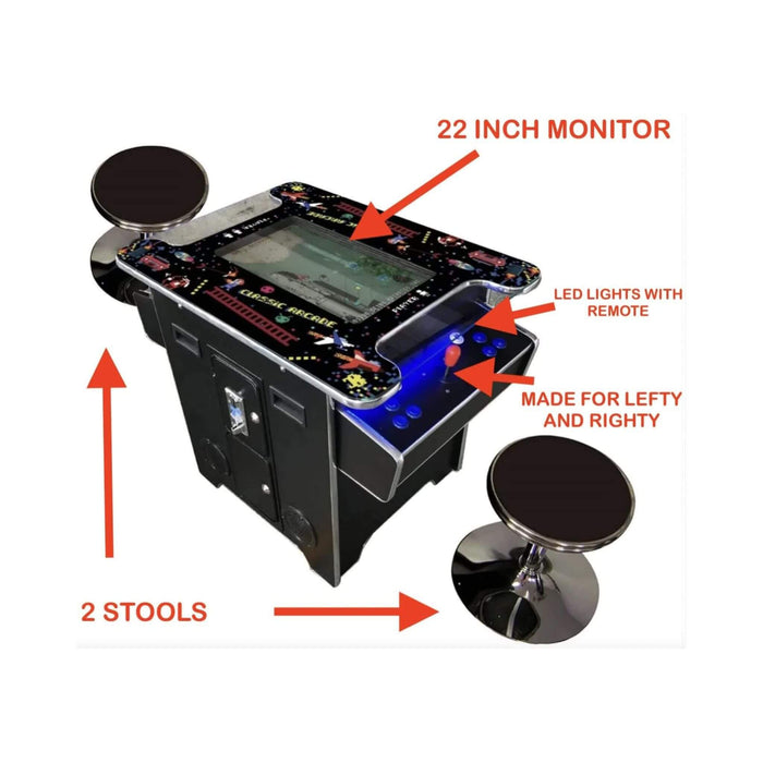 Tabletop arcade machine with monitor, stools, and remote control features on a white background