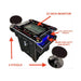 Tabletop arcade machine with monitor, stools, and remote control features on a white background