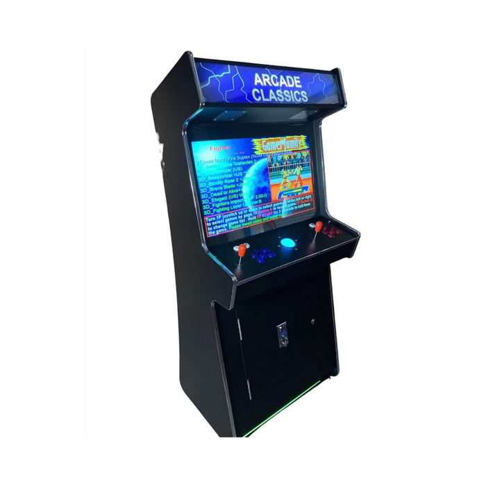 Small arcade machine with a screen displaying games on a white background