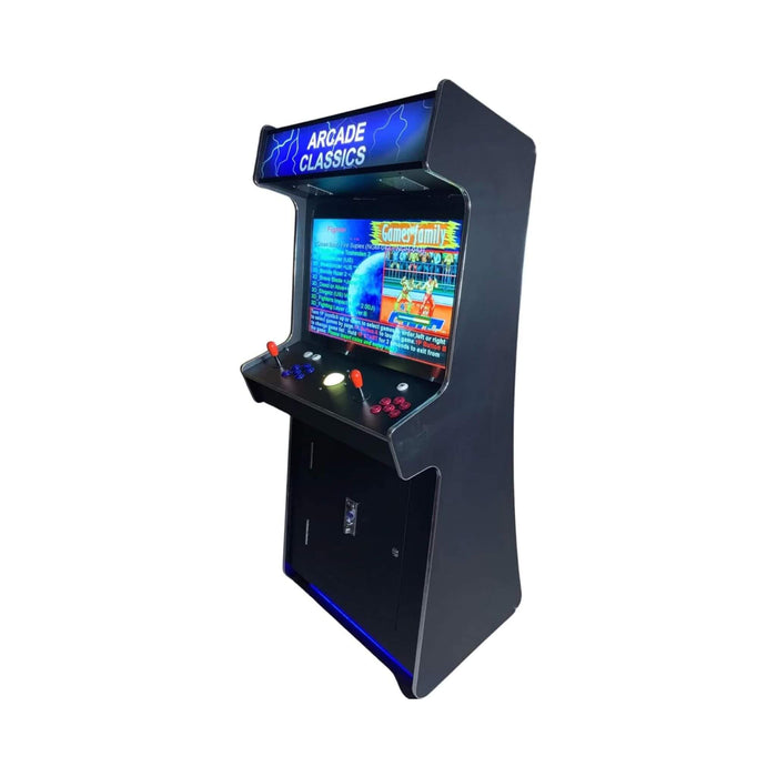 Black arcade machine with a colorful screen on a white background