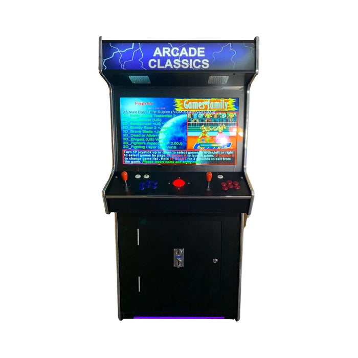 Arcade machine with a screen displaying games on a white background