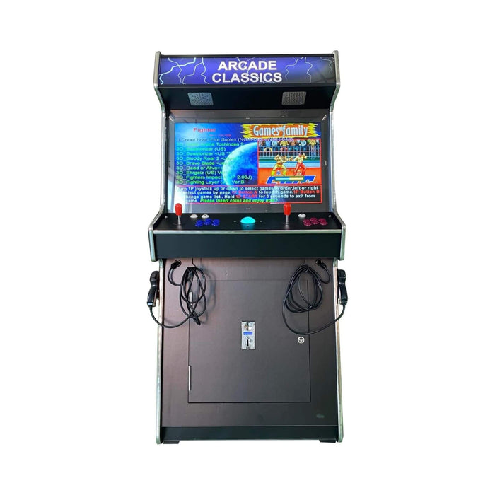 Arcade machine with screen displaying games on a white background