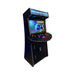 Black arcade machine with a screen displaying colorful graphics on a white background
