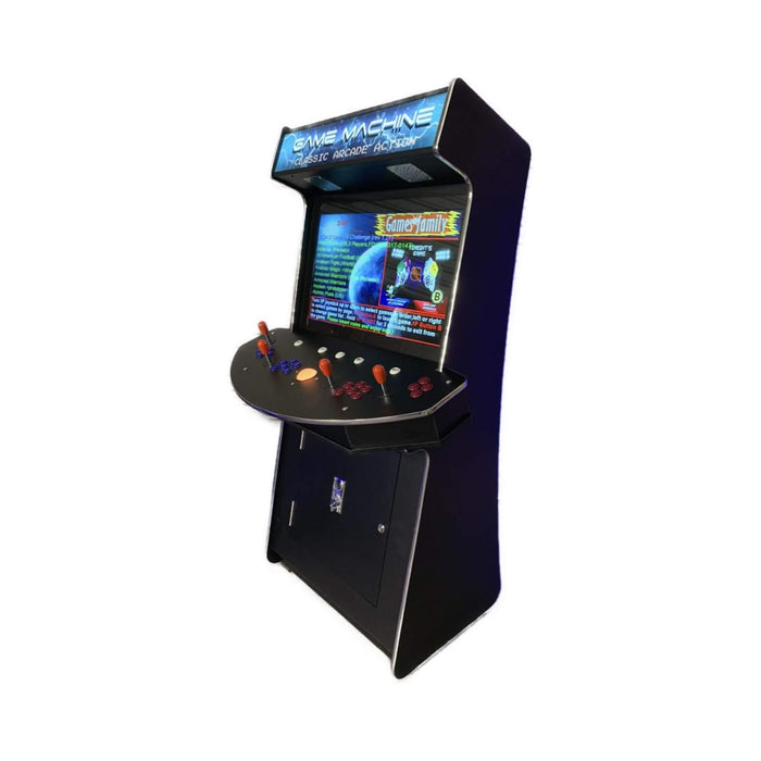 Black arcade machine with colorful screen on a white background