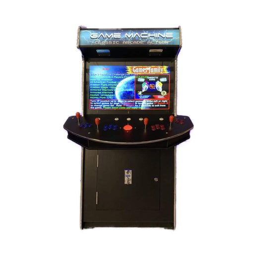 Arcade game machine with a screen displaying games on a white background