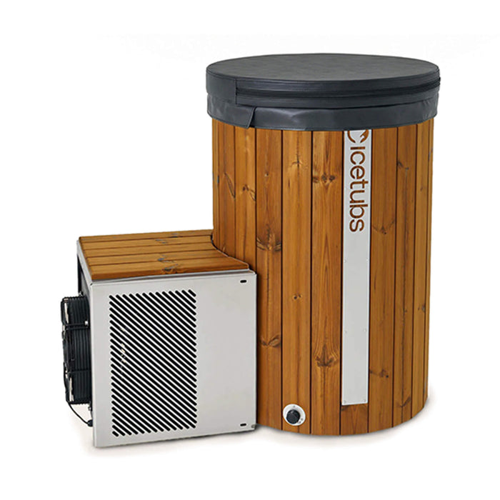 Wooden hot tub with black lid and electrical components on a white background