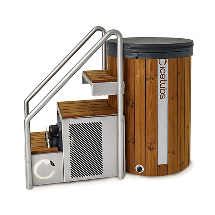 Wooden hot tub with metal steps and visible 'Icetubs' branding on a white background