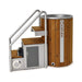 Wooden hot tub with metal steps and control panel on a white background