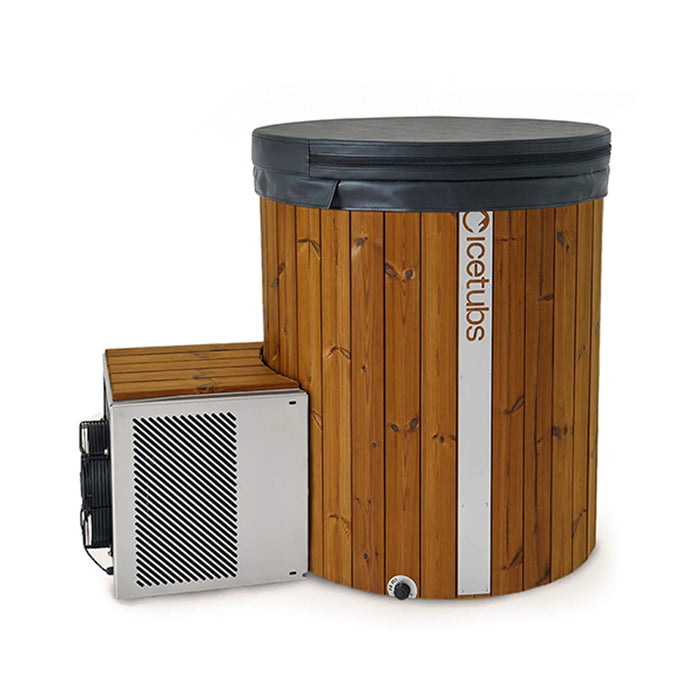 Wooden hot tub with black lid and metal exterior on a white background