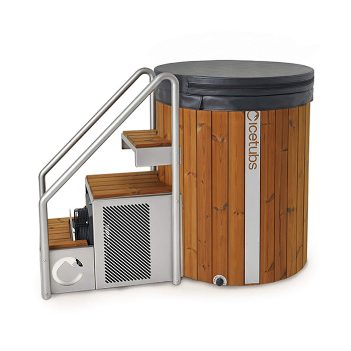 Wooden hot tub with steps and icetubs branding on a white background