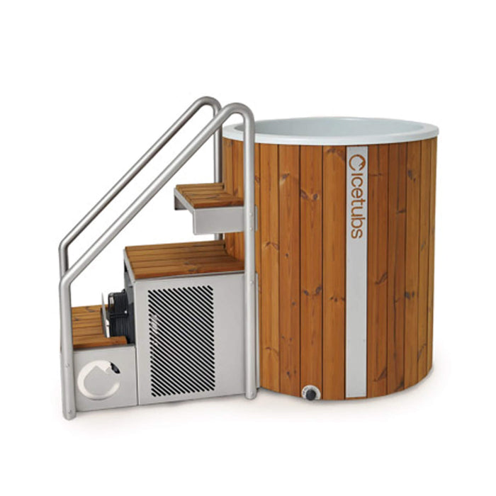 Wooden hot tub with metal staircase on a white background