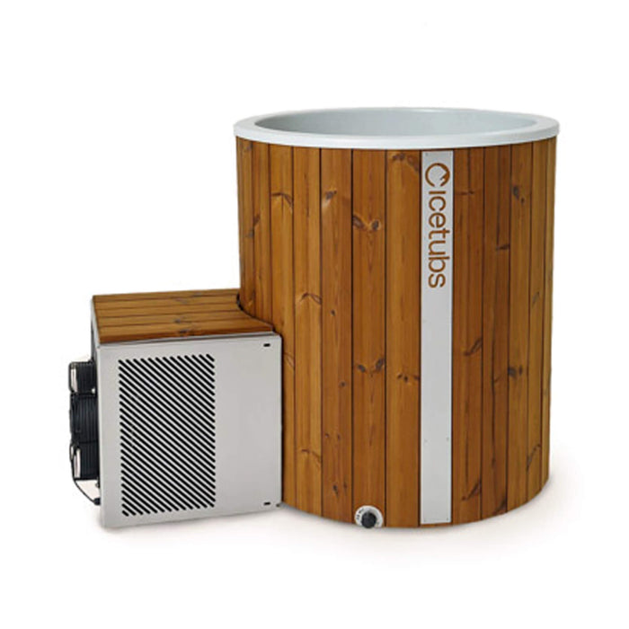 Wooden hot tub with a visible brand logo on a white background
