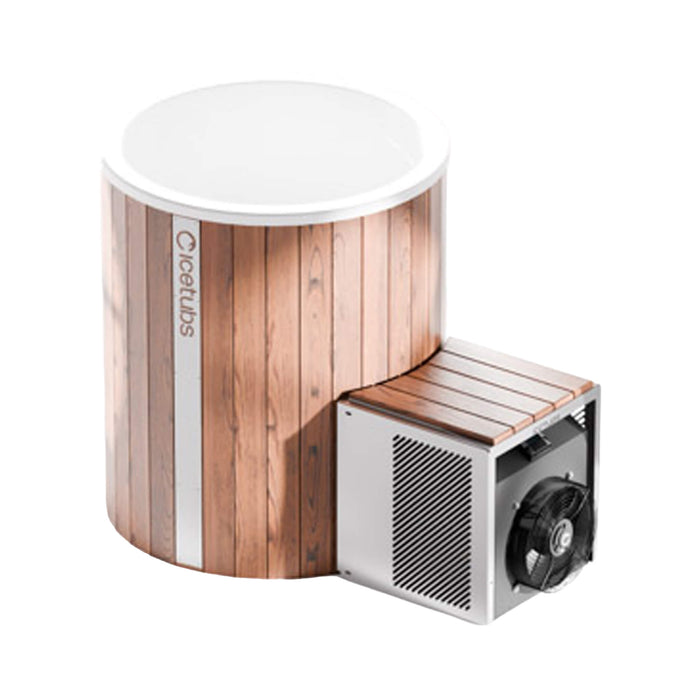 Wooden outdoor cooler with a white top and visible brand name on a white background