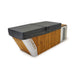 Wooden hot tub with a black lid on a white background