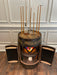 Wooden barrel with pool table and billiard balls on a wooden floor.