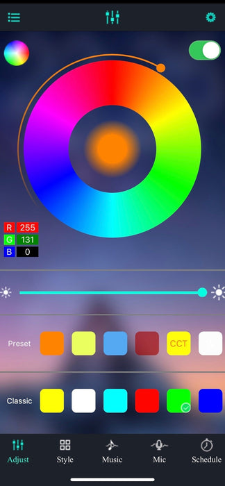 Color wheel and color selection interface on a dark background