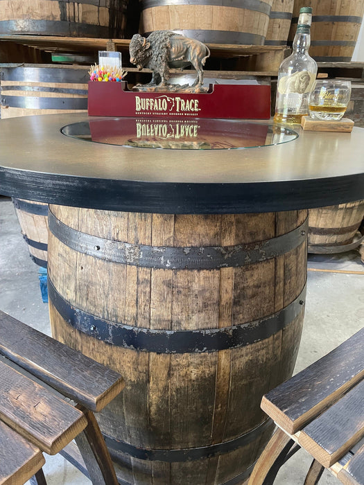 Wooden barrel table with Buffalo Trace bourbon branding and decor.