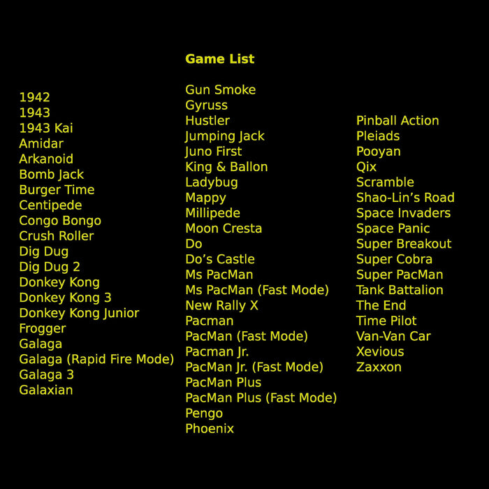 List of classic video games on a black background with yellow text