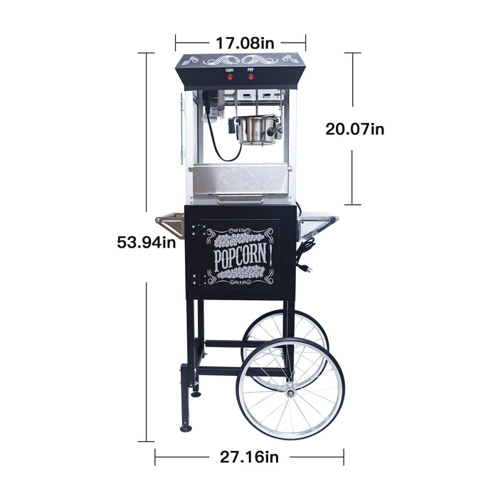 Popcorn machine with dimensions labeled on a white background