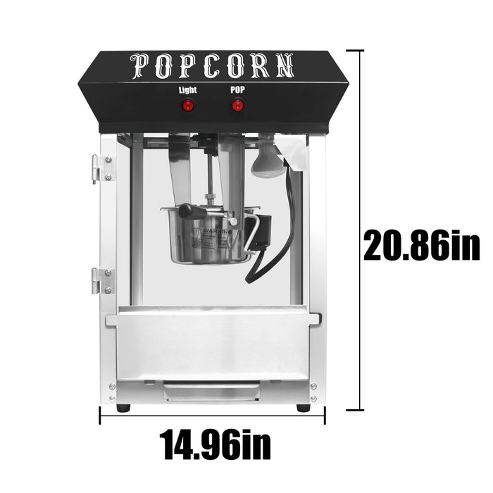 Popcorn machine with dimensions labeled on a white background